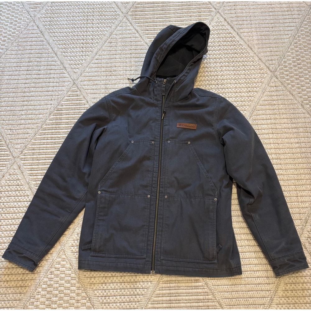 Columbia Mens Loma Vista Canvas Hooded Work Jacket Fleece Lined Grey Utility